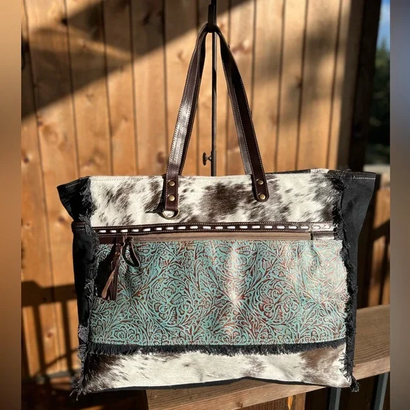 🌹New Myra Bag Cowhide Canvas Leather Weekender Travel XL extra large tote - Picture 6 of 8